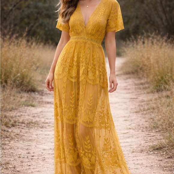 the clothing company Dresses & Skirts - The Clothing Co Mustard Lace Maxi Dress Boho Sheer Overlay Shorts Size M NWT